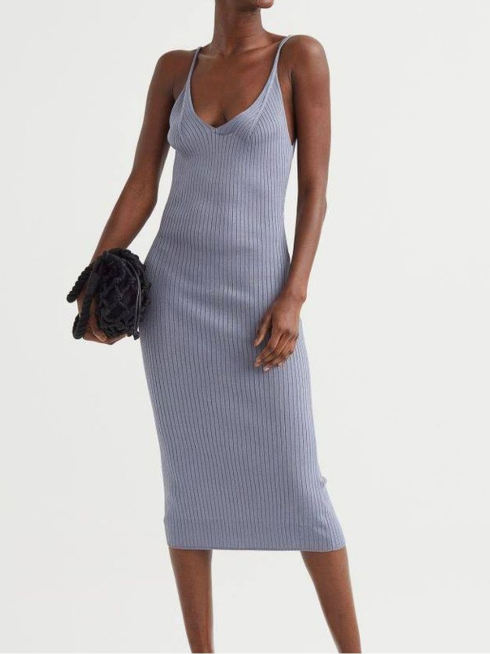 H&M Blue Grey Ribbed Knit Midi Dress